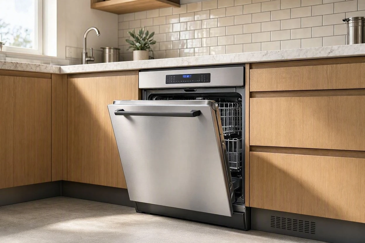 Open dishwasher loaded with clean dishes