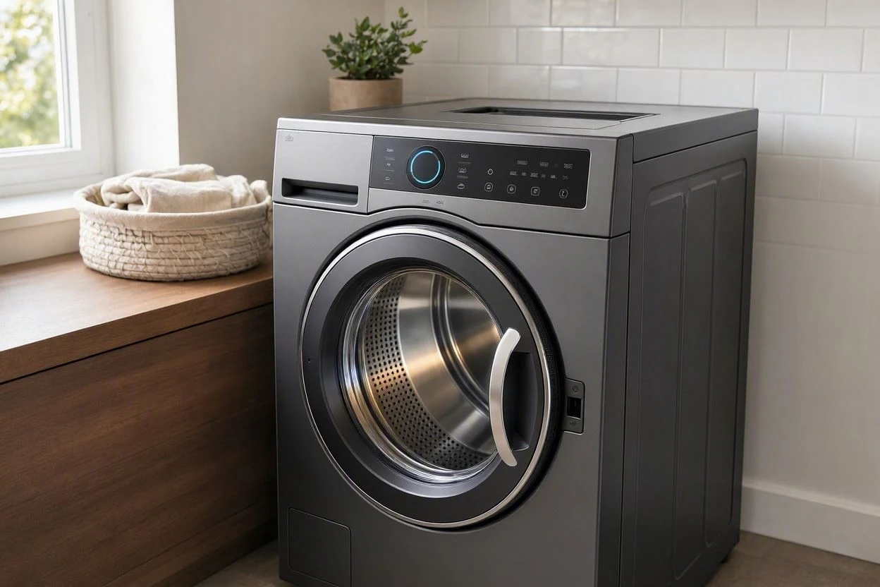 Bright laundry room with a washer and dryer beside a window