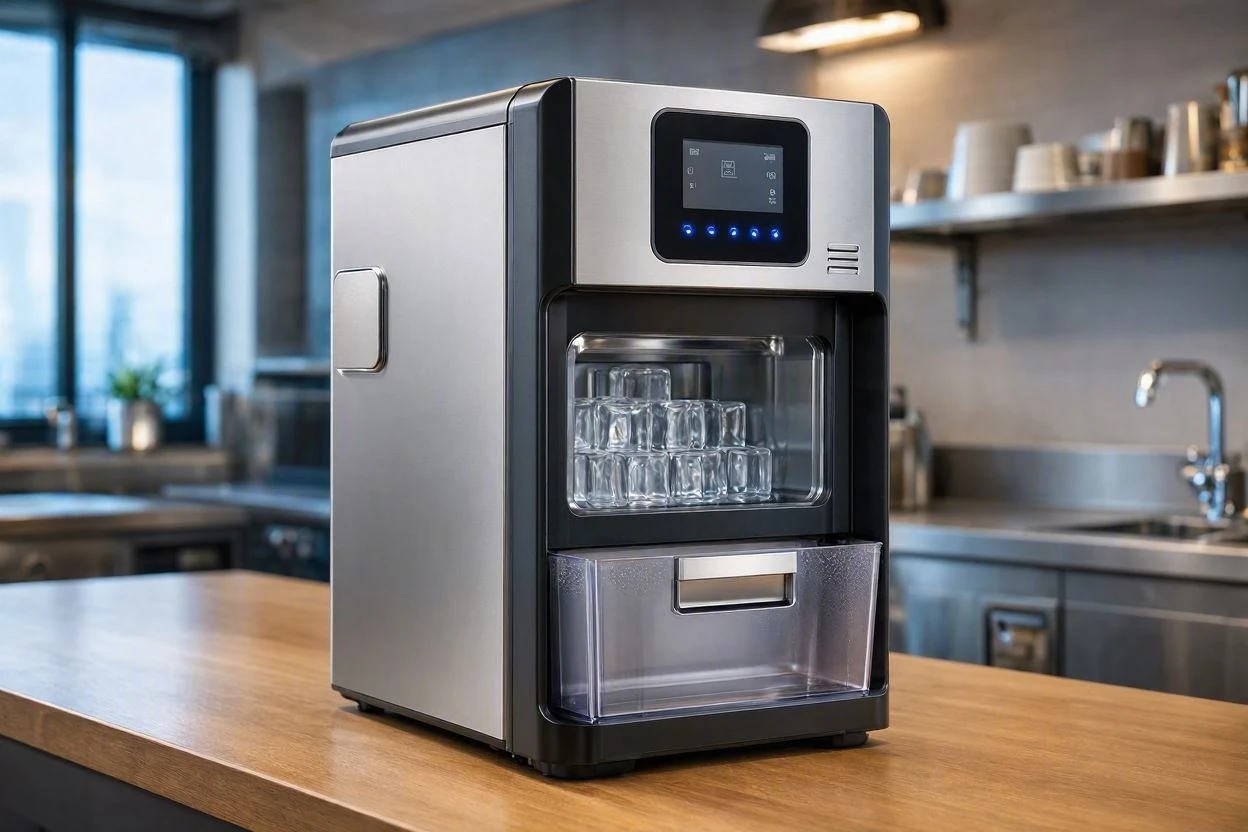 Built-in refrigerator ice maker dispensing ice