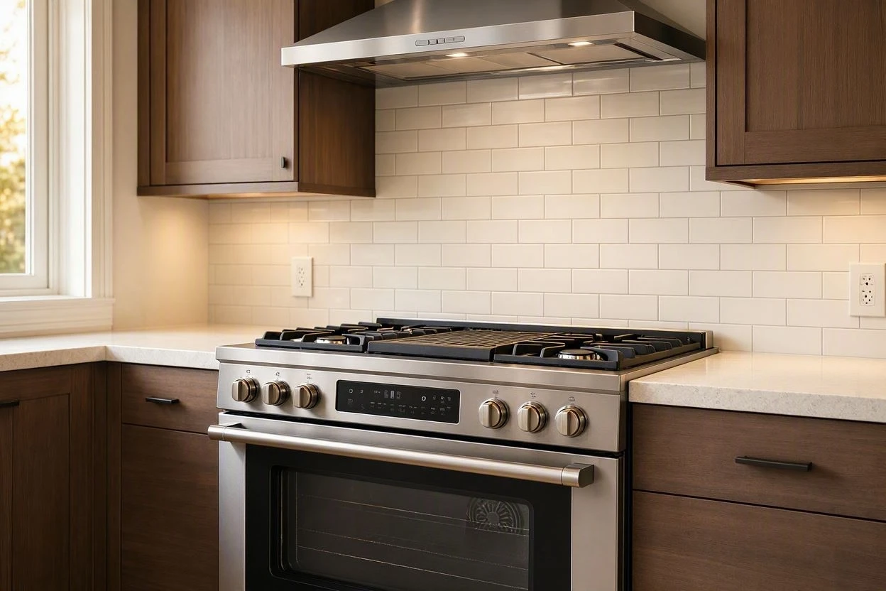 Professional stainless steel gas range in a home kitchen