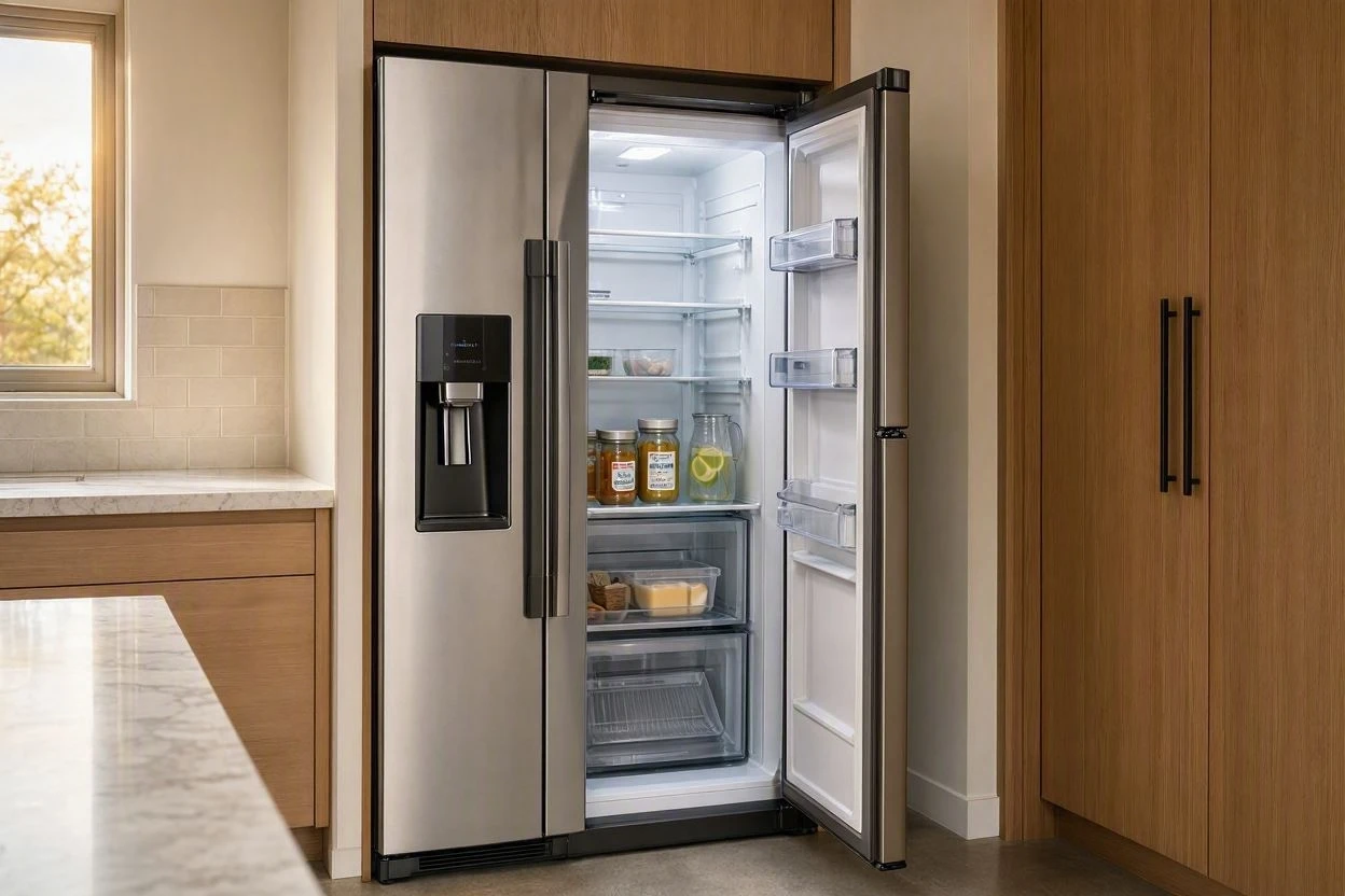 Stainless steel refrigerator in a modern fitted kitchen