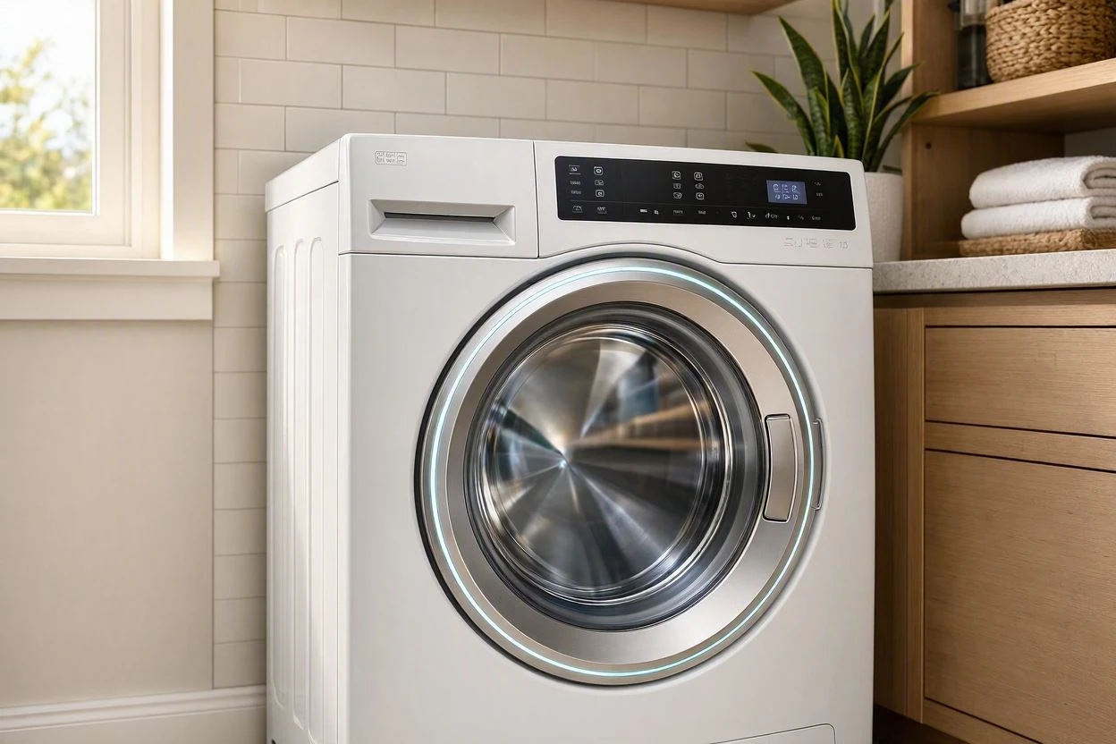 Front-load washing machine in a home laundry room