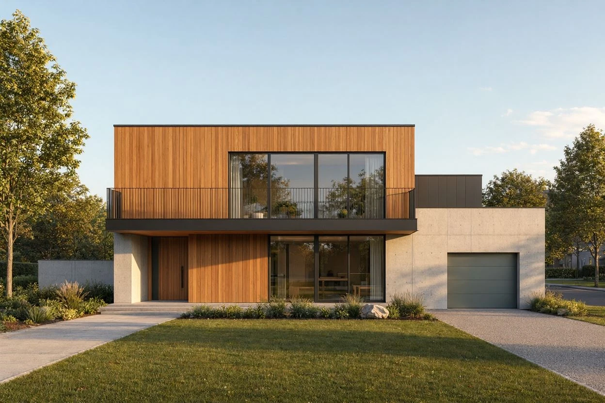 Modern family home with a wide driveway at dusk